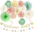 Sage-Green Blush-Beige Baby Shower Party-Decorations - 21pcs Girls Welcome Baby Banner,Light Dusty Pink Paper Lanterns Pom Poms,Safari Woodland Boho Neutral Streamers Garland Decor Favors Huglony