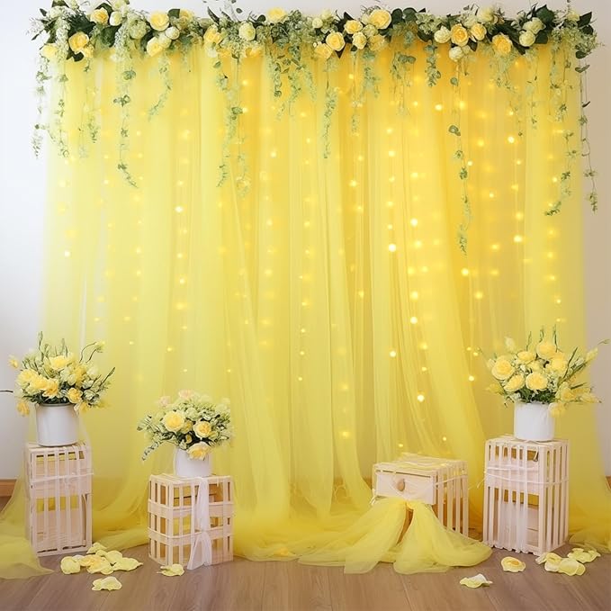 10ft x 8ft Yellow Backdrop Curtain with Lights String for Parties, Sheer Tulle Wedding Photo Backdrops Drapes for Baby Shower Birthday Party Decorations Background for Photography