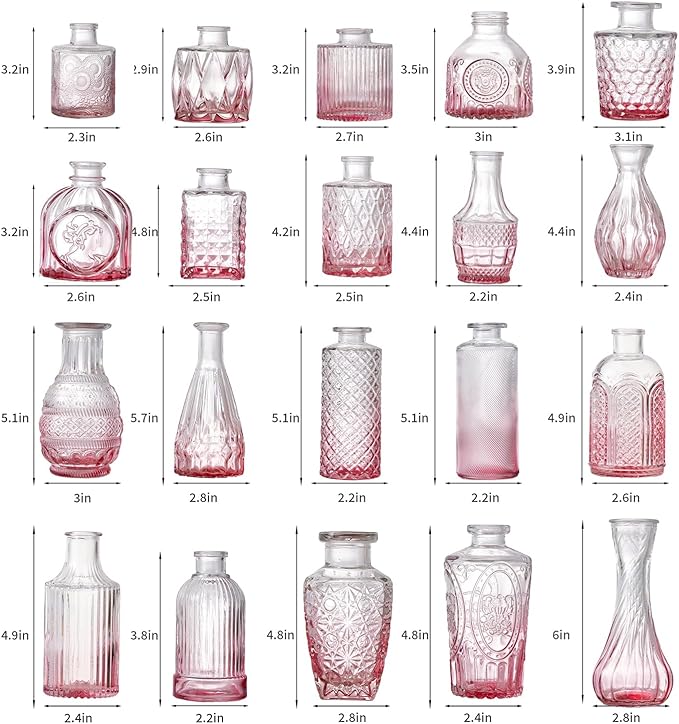 Glass Bud Vase Set of 20 - Small Vases for Flowers in Bulk - Assorted Vintage Crystal Vases for Flowers, Table Centerpieces (Pink, 20 Pcs)