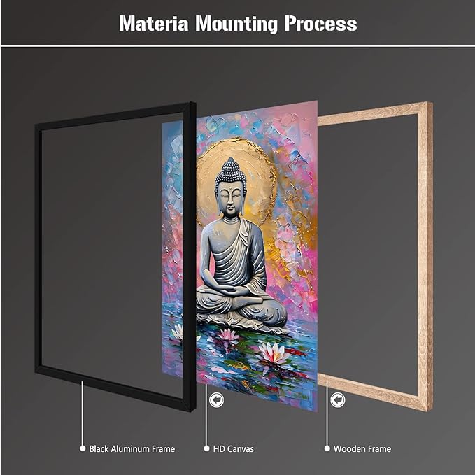 Lotus and golden Buddha meditation tranquil zen wall art mindfulness wall art for spiritual harmony and tranquility decor 12x18in Metal blackFramed