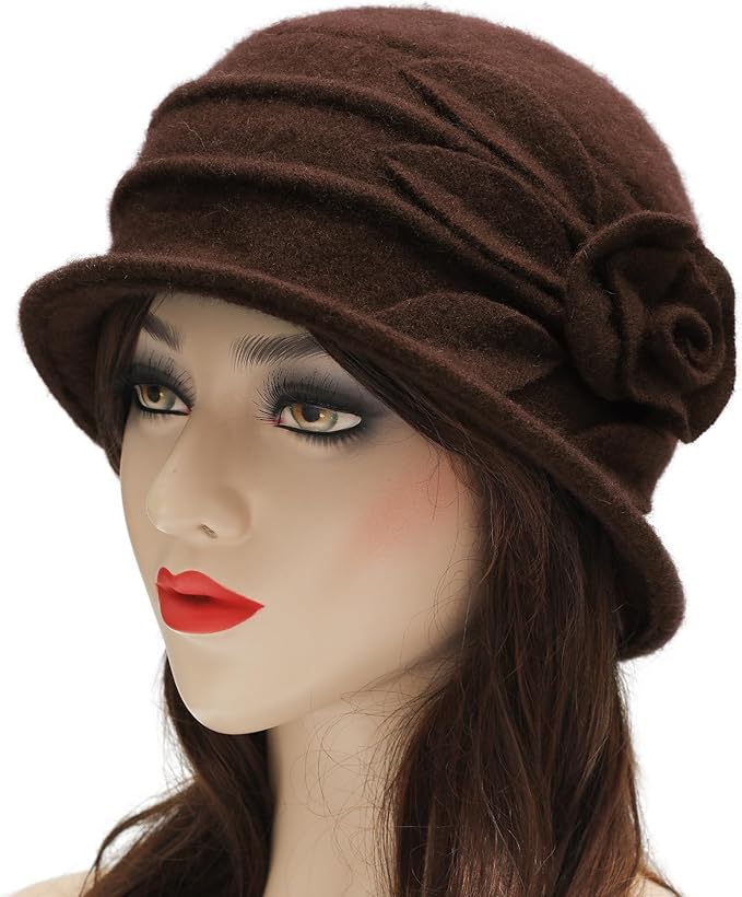 ZLYC Women Wool Cloche Bucket Hat 1920s Vintage Dress Winter Hats with Flower Accent