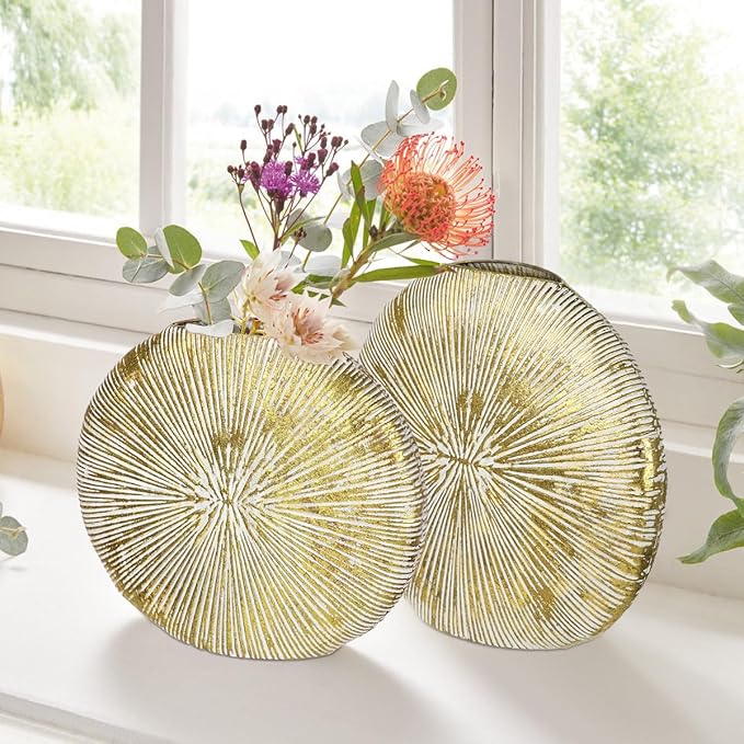 Gold Metal Vase for Home Decor – 11.4" x 10.2" Modern Decorative Vase for Pampas Grass, Artificial Flowers & Dried Bouquets – Elegant Textured Flower Vase for Living Room, Bedroom & Office