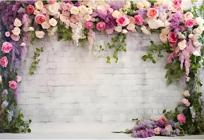 YongFoto Retro White Brick Wall Floral Arch Backdrop 12x8ft Rose Flowers Vine Leaves Photography Background Birthday Bridal Shower Wedding Party Banner Room Decor Portraits Photoshoot Wallpaper