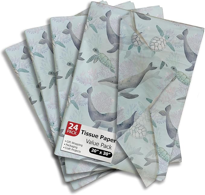 Pro Supply Global Sea Creatures Turtles and Whales Printed Tissue Paper for Gift Bags or Boxes and Wrapping - Ocean Bulk Decorative Art Tissue Paper for Packaging and Gifting | 24 Sheets 20" x 30"