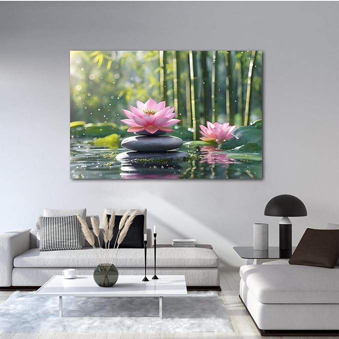 Ethereal pink lotus on obsidian Sunlit bamboo forest with sparkling water drops Poetic nature inspired wall art for tranquil homes and mindful spaces 28x40in Frameless
