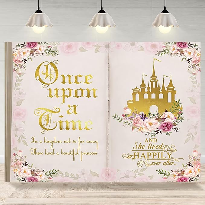 12x8ft Once Upon a Time Backdrop Fairy Tale Books Pink Floral Princess Castle Photography Background Romantic Wedding Birthday Party Banner Decorations Cake Table Decor