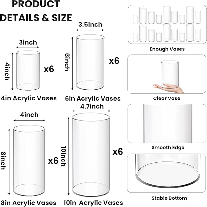 24 Pack Plastic Cylinder Vases, 4 6 8 10 Inch Tall Acrylic Cylinder Clear Flower Vase Set Bulk Glass Like Large Round Plastic Vases for Centerpiece Wedding Home Office