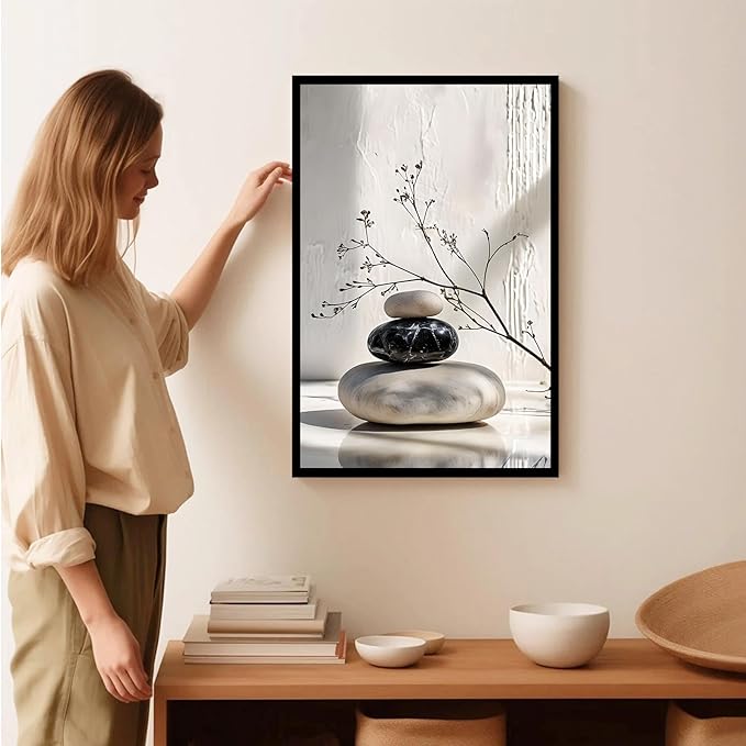 Gray and black stone pile and dried flowers poster canvas wall art in harmony Minimalist wall art for tranquil homes and mindful spaces 20x30in Metal blackFramed