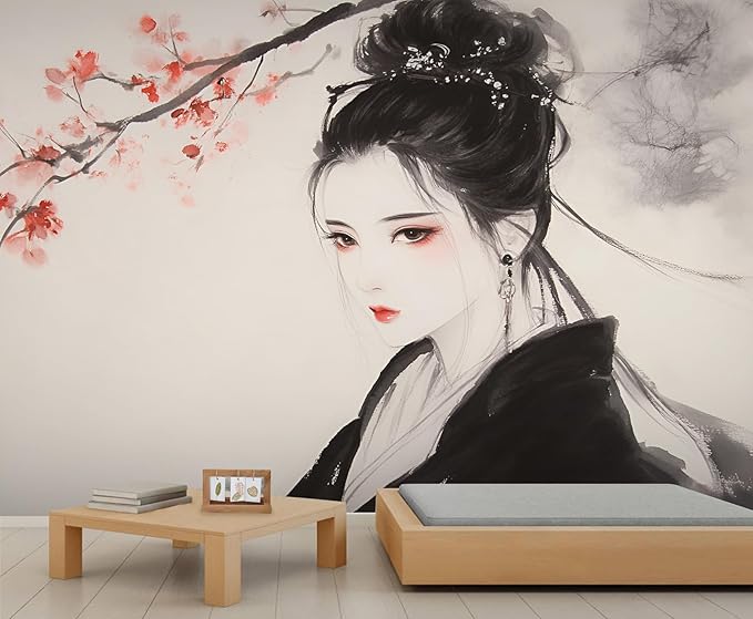 Asian Woman Wall Mural, Oriental Japanese Woman 3D Wall Murals, Ink Style Art Wallpaper Mural, for Living Room Bedroom Large Wallpaper Indoor Decor 169.3" W x118.2 H