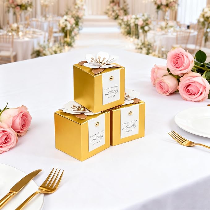 FEIYI 20 PCS Candy Boxes, 3 In 1 Gold Favor Boxes with Floral Decor, White Thank You Tags Gift wrapping for Wedding Birthday Baby Shower Decorations Party -2.55x2.55x2.55''