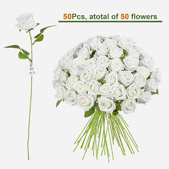Fake Plants Roses Flowers Plastic Flowers Spring Decorations for Home Gifts for Gf Roses Artificial Flowers for Vase Fake Flowers Home Decor 19.6”(50PCS White)