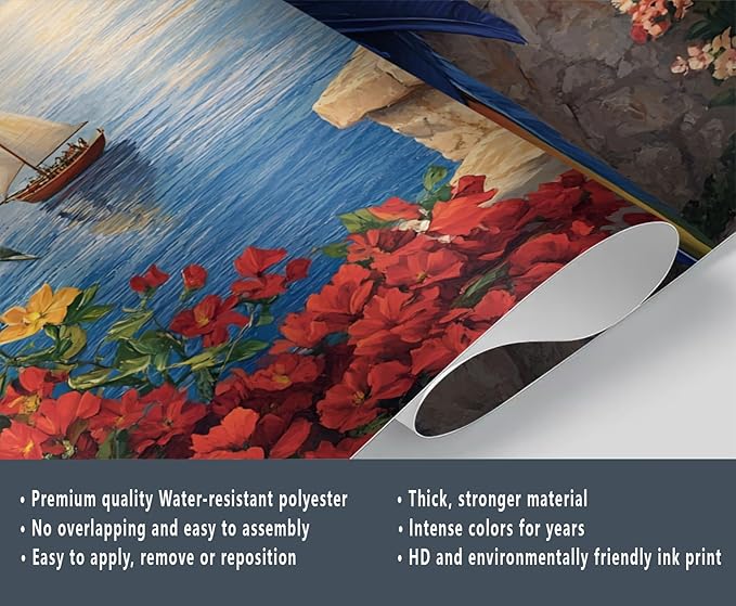 KIREUPA Macaw Parrot Wall Mural, Coastal Mediterranean Parrot 3d Wall Murals, Sunset Seaside Village Scene Wallpaper Mural, for Living Room Bedroom Large Wallpaper Indoor Decor 118" W x 82.6 "H