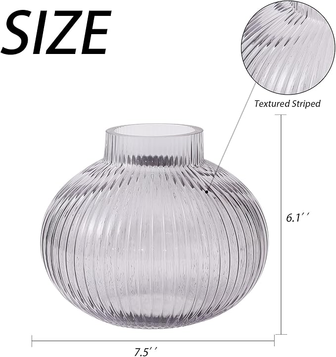 Black Glass Vase for Tulips, Ribbed Glass Vase for Flowers, Round Flower Vases, Small Short Vases for Living Room, Office, Coffee Table, Shelf, Wedding, 6 Inches