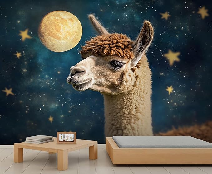 Starry Sky Alpaca Wall Mural, Dreamy Galaxy Moon Alpaca 3D Wall Murals, Cute Animal Wallpaper Mural, for Living Room Bedroom Large Wallpaper Indoor Decor 59" W x39.4 H