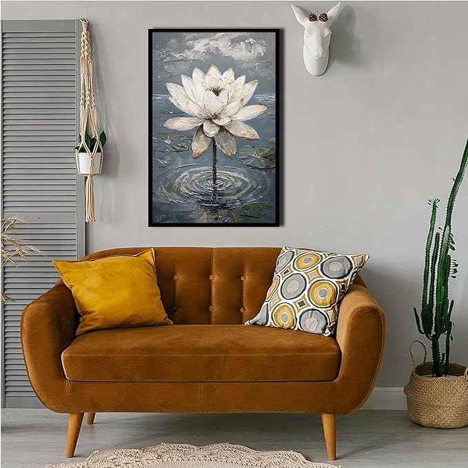 Stunning white lotus emerges from prismatic water with delicate petals background Serene aquatic wall art suitable for modern minimalist decor 8x12in Metal blackFramed