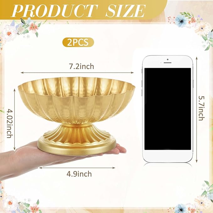2 Pcs Metal Compote Bowl for Centerpiece Flower Holder Small Compote Vase Indoor Outdoor Flowers Fruits Plant for Christmas Wedding Home Party Decoration (Medium,Bright Gold)