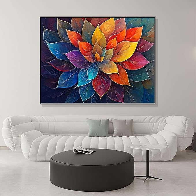 Colorful Flower Canvas Wall Art, Abstract Floral Canvas Prints, Lotus Blossom Pictures Wall Decor, Zen Painting, Yoga Studio Wall Decor (Gold Framed, 27"Wx19"H/70x50cm)