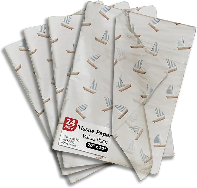 Pro Supply Global Sailboats Printed Tissue Paper for Gift Bags or Boxes and Wrapping - Father's Day Bulk Decorative Art Tissue Paper for Packaging and Gifting | 24 Sheets 20" x 30"