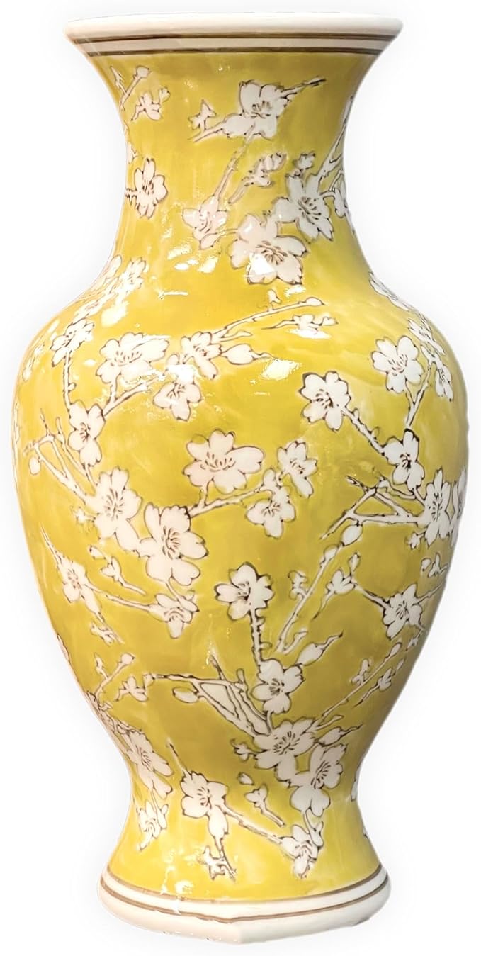 Galt International 14” Hand Painted Chinoiserie Ceramic Vase – Antique Style Porcelain Flower Bottle by Galt International, Fishtail Chinese Vase for Home Decor & Centerpiece - Yellow and White Sakura