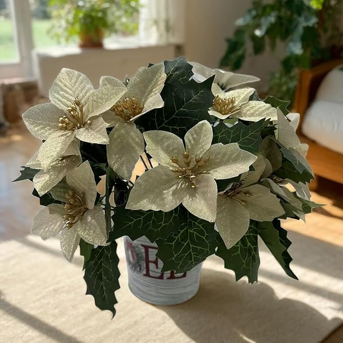6 Pack Yellow Christmas Artificial Poinsettia Flowers Faux Poinsettia Bush Bouquets Silk Poinsettia Christmas Tree Ornaments Poinsettia Flower Arrangement for Home Decor
