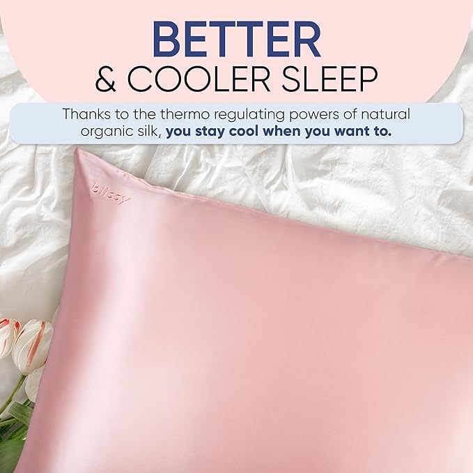 Blissy Silk Pillowcase - 100% Pure Mulberry Silk - 22 Momme 6A High-Grade Fibers - Silk Pillow Cover for Hair & Skin - Regular, Queen & King (Pink, Queen)