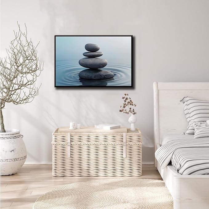 Zen wall art Harmonious grey stones stacked on a calm surface of water Serene Zen decor suitable for tranquil homes and spaces of meditation 16x24in Metal blackFramed