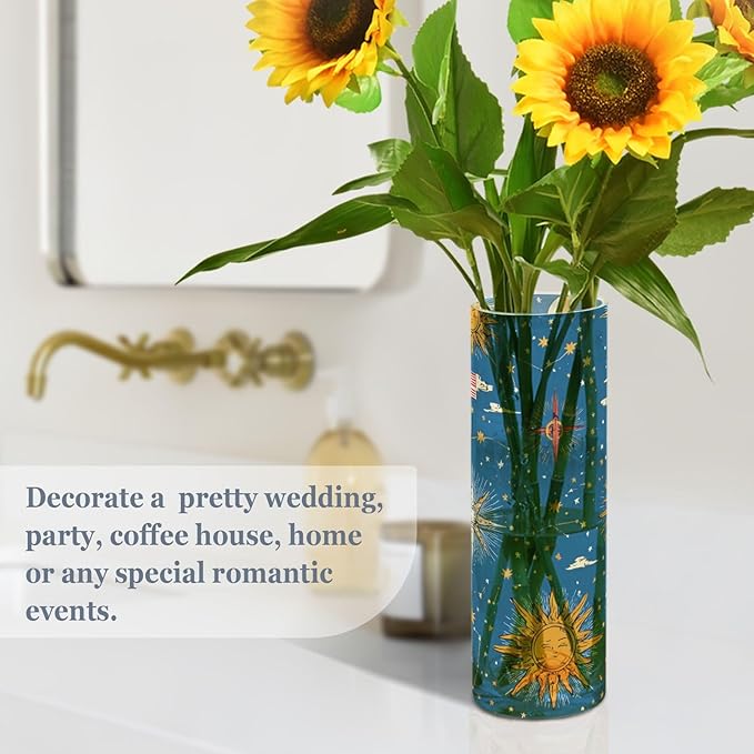 Flower Vase Clear Plastic Cylinder Vases Decor for Centerpieces Home Storage Office Weddings Moon Sun Blue 11.8 x 3.9 in