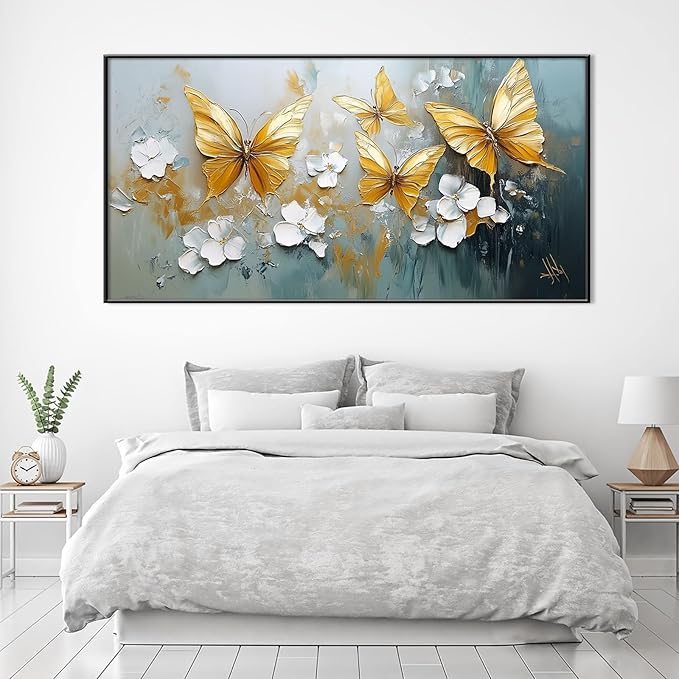 Butterfly Canvas Wall Art, Butterfly and Flower Wall Decor, Butterfly Prints, Abstract Textured Canvas Wall Art, Artwork for Walls, Oil Painting Wall Art, Wall Decor Living Room (Black Frame, *71"x35"|180x90cm)