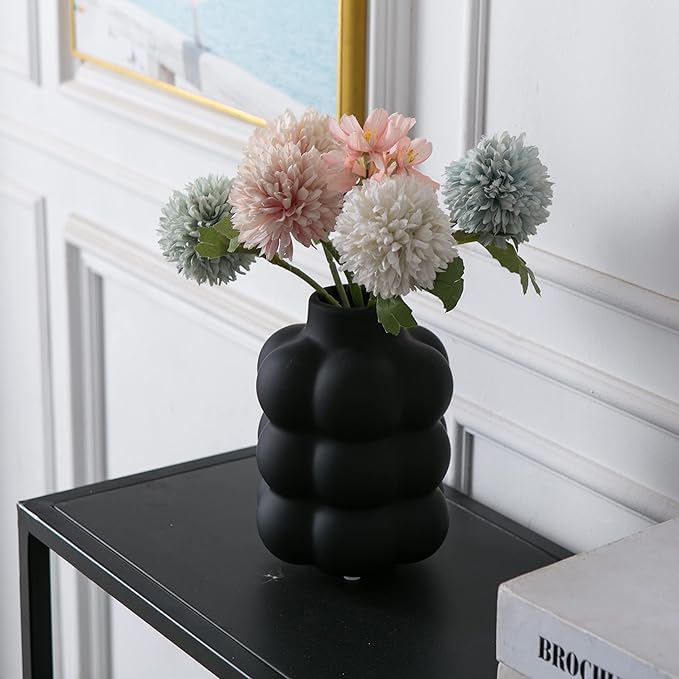 Black Ceramic Vase - Small Spherical Flower Vase for Centerpiece, Three Floors Design for Modern Home Decor, Boho Decorative Vase - 6.7" Tall