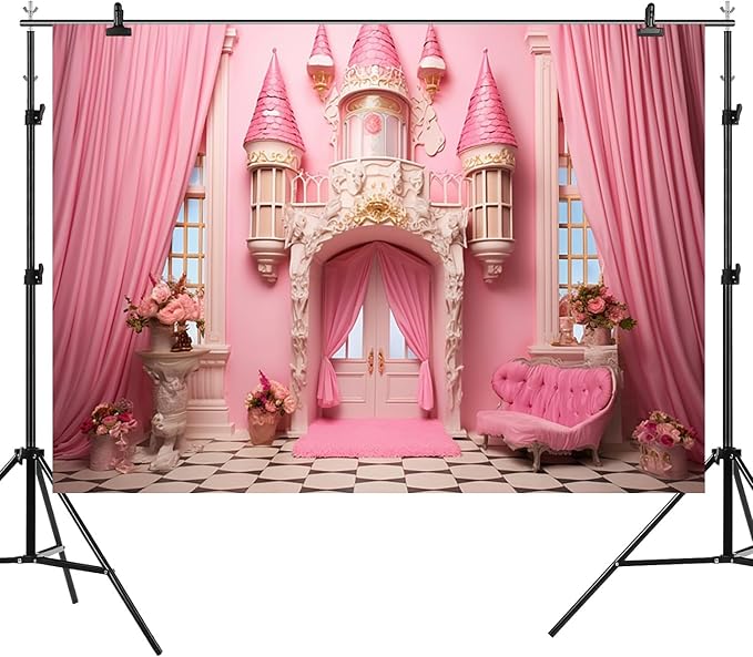 10x6.5ft Pink Castle Backdrop Room Door Curtain Photography Background Flowers Vases Sofa Princess Girl Birthday Banner Decorations Newborn Baby Shower Wedding Party Portrait Photo Booth Prop