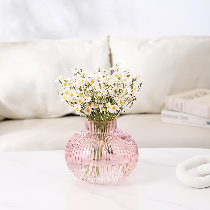 Pink Glass Vase for Tulips, Ribbed Glass Vase for Flowers, Round Flower Vases, Small Short Vases for Living Room, Office, Coffee Table, Shelf, Wedding, 6 Inches