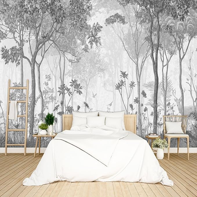 Grey Forest Wallpaper Woodland Peel and Stick Wall Mural for Bedroom Living Room - 96"x137"
