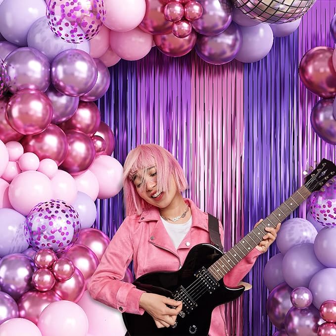 Purple Pink Balloon Garland Arch Kit Birthday Party Decorations, Music Themed Foil Fringe Curtains Backdrop Tinsel Streamer Photo Booth Props for Girls Butterfly Christmas Party Decor Supplies