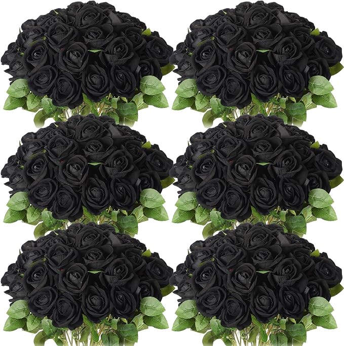 Jexine 50 Pcs Artificial Rose Flower Bulk Realistic Silk Fake Roses with Long Stem Plastic Artificial Flower Bouquet Real Looking for Home Wedding Centerpieces Party Decoration(Black)