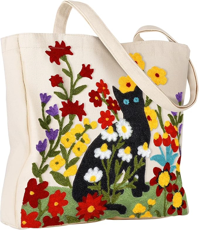 Aesthetic Embroidery Tote Bag for Women - Reusable Canvas Cute Shoulder Bag for Shopping, Grocery, Work, Book