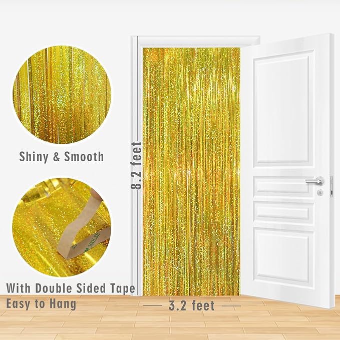 GOER 3.2 ft x 8.2 ft Metallic Tinsel Foil Fringe Curtains Party Photo Backdrop Party Streamers for Birthday,Graduation,New Year Eve Decorations Wedding Decor (1, Shiny Gold)