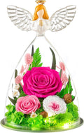 Gifts for Women Forever Flowers Preserved Rose in Glass Angel Figurine Real Colorful Roses Birthday Gifts for Her Grandma Sister Daughter Wife, Hot Pink