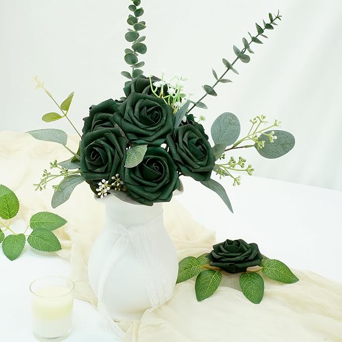 Artificial Flowers, 25pcs Hunt Green Artificial Roses Flowers with Stems Real Touch Fake Roses for DIY Wedding Bouquet Centerpiece Bridal Shower Baby Shower Home Decoration