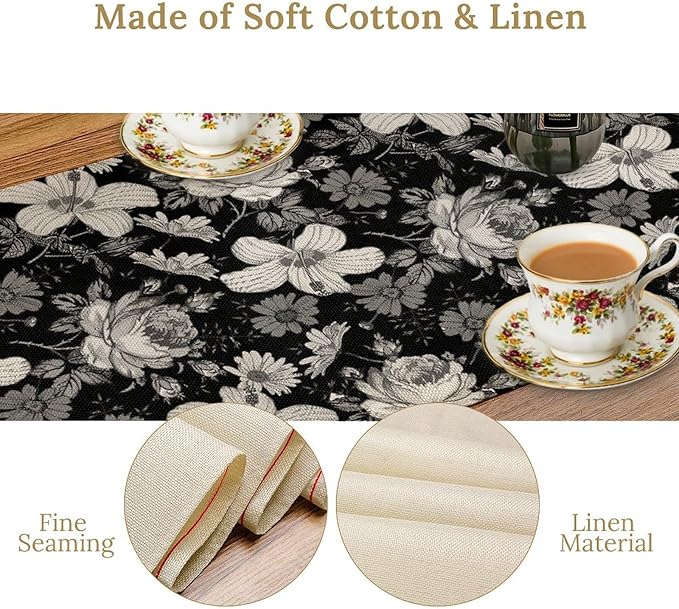 Black Floral Table Runner, Abstract Vintage Black White Floral Plants Leaves Boho Dark Gothic Garden Table Runner for Indoor Outdoor Party Wedding Decor, 13x36inch