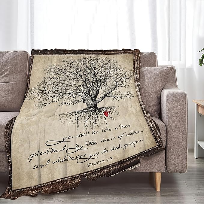 Christian Bible Tree of Life Throw Blanket - Religious Gifts and Decor for Women Men Adults - Soft Warm Cozy Fleece for Couch Sofa Bed 60"x50"