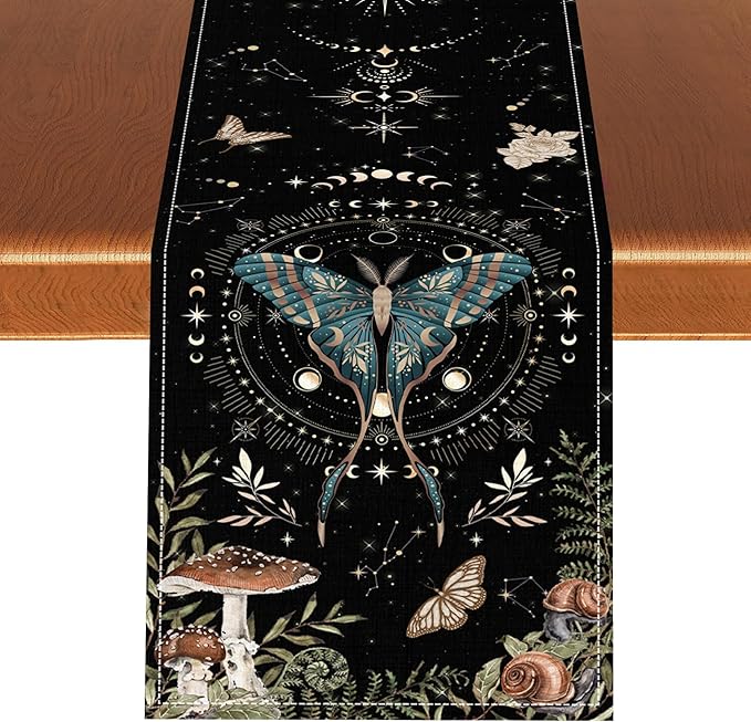 Gothic Moth Table Runner, Boho Gothic Sun Moon Phase Mystical Mushroom Floral Witchy Farmhouse Coffee Table Center Decor for Home Kitchen Dining Patio Holiday Party Table Decorations 13x72 inches