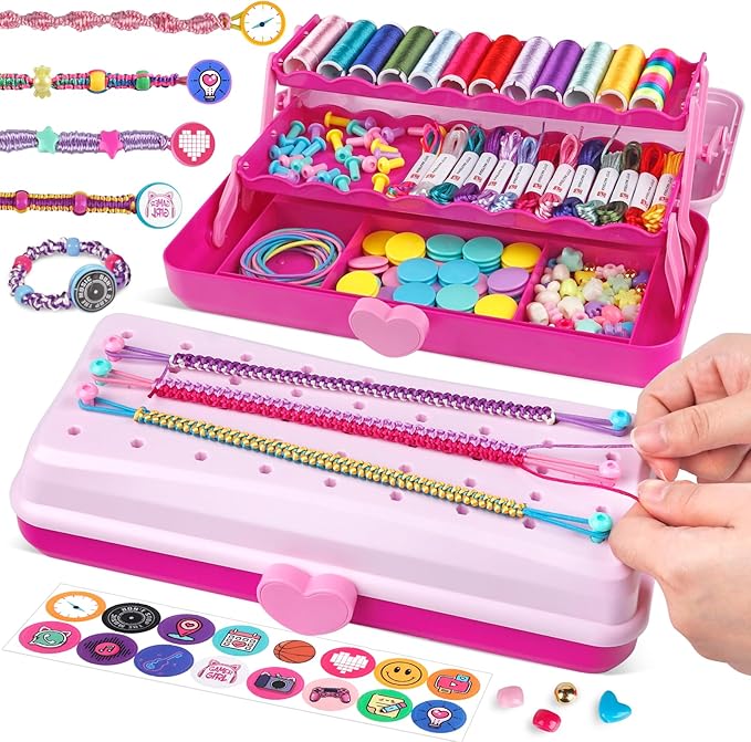 Friendship Bracelet Making Kit with Storage Box,DIY String Bracelet Arts and Craft for Girls Aged 8-12,Kids' Travel Activity Toy Set,Easter Birthday Gifts for Ages 6 7 8 9 10 11 12 Year Old Rose
