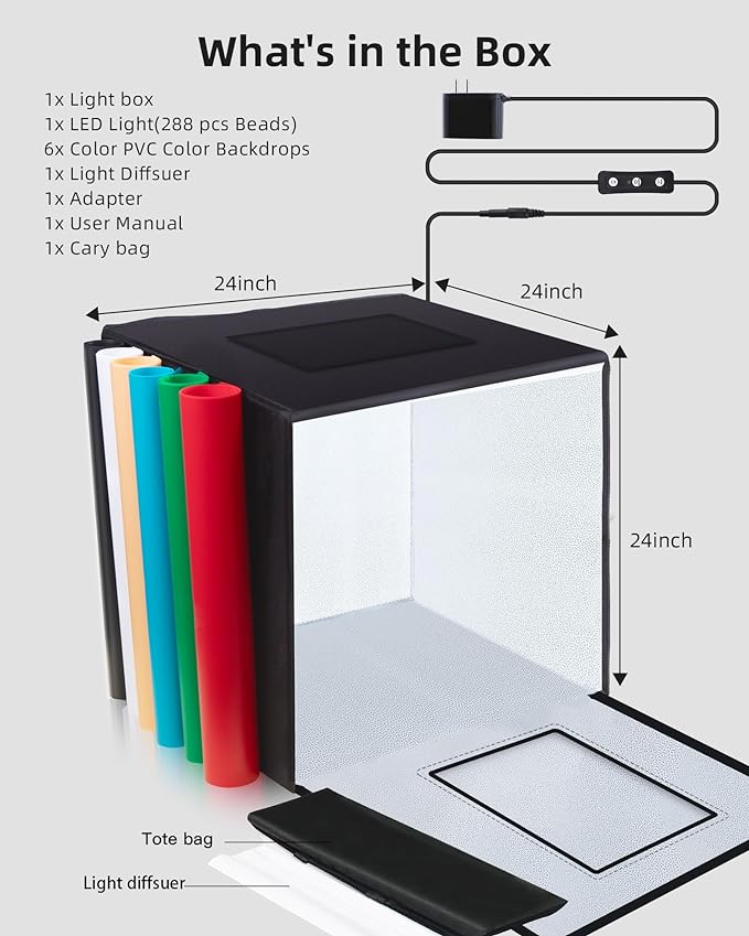 Glendan 24"x24" Light Box Photography, Large Photo Light Box with 288 LED Beads, CRI >95, Professional Portable Photo Booth Shooting Tent Kit with 6 Color Backdrops for Product Photography