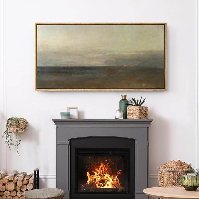 SIGNFORD Extra Large Framed Canvas Print Wall Art Misty Seashore at Dusk Peaceful Beach Landscape Illustrations Modern Art Relax/Calm Warm for Living Room, Bedroom, Office - 60"x30"