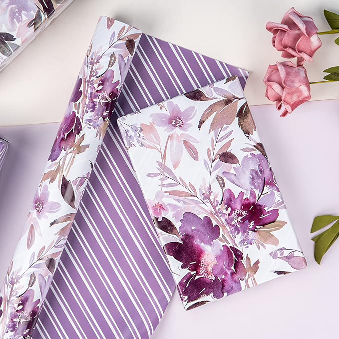 WRAPAHOLIC Reversible Floral Wrapping Paper - Mini Roll - 17 Inch X 33 Feet - Purple Floral Design for Wedding, Birthday, Valentines' Day, Baby Shower, Anniversary, Bridal Shower