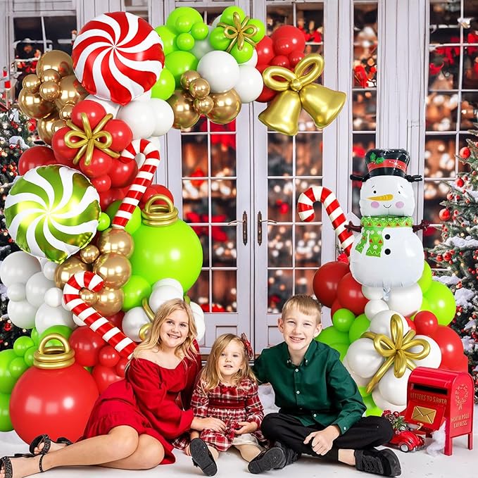 Christmas Balloons Decorations Red Green Gold White Balloon Garland Arch Kit with Snowman Reindeer Candy Cane Foil Mylar Balloon for Merry Christmas Xmas New Year Baby Shower Birthday Party Decoration