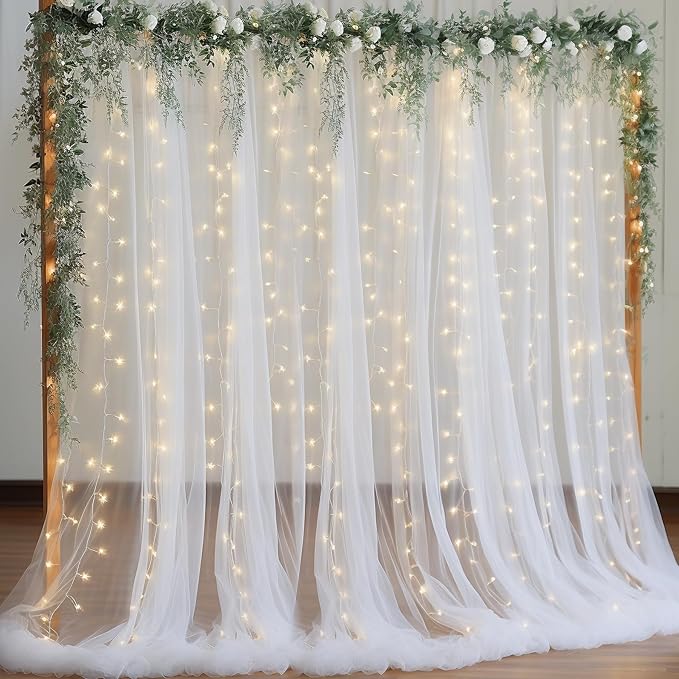 PARTISKY 10x8ft White Tulle Backdrop Curtain with Lights String for Parites, Sheer Backdrop Curtains for Wedding Baby Shower Birthday Party Photo Shoot Decorations