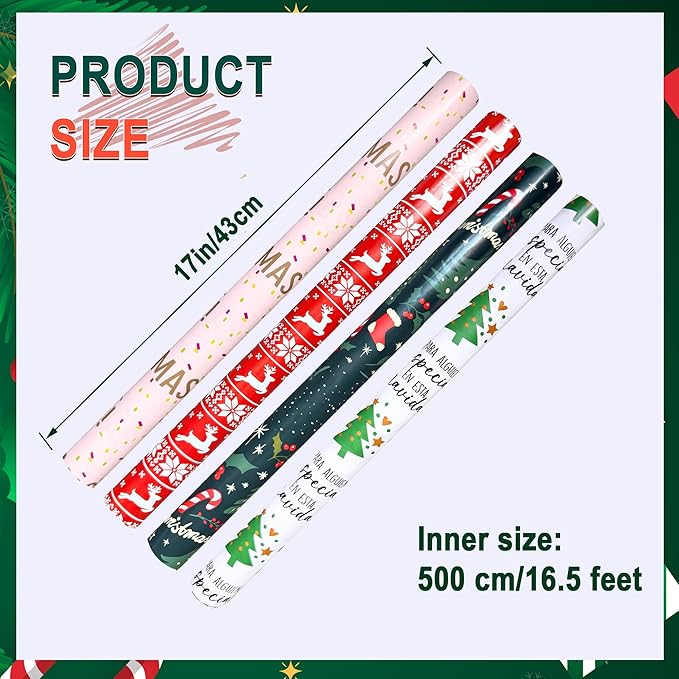 4 Rolls Christmas Wrapping Paper Rolls, 17 Inch x 16.5 Feet per Roll, Totaling 94 sq. ft. – Reindeer, Tree, Snowflake & Pink Letter Designs, Eco-Friendly & Durable Gift Wrap for Christmas Presents and Holiday Decorations