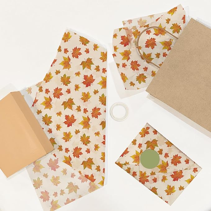 Pro Supply Global Autumn Leaves Printed Tissue Paper for Gift Bags or Boxes and Wrapping - Bulk Fall Decorative Art Tissue Paper for Packaging and Gifting | 24 Sheets 20" x 30"