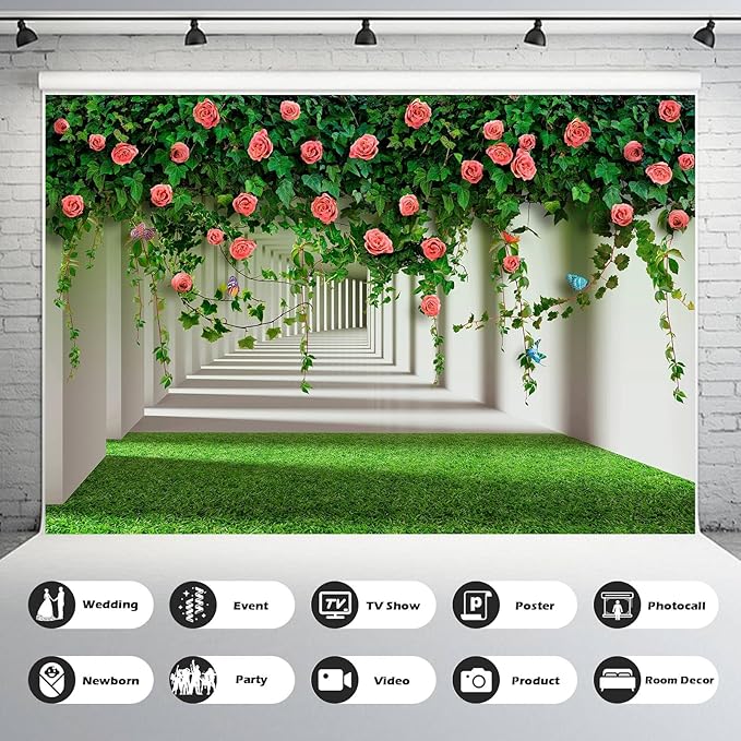 Rose Flowers Backdrop Red Rose Flowers and Green Leaves with Butterflies Photography Background Spring Alley Green Grass Backdrops Outdoor Wedding Party Decorations Photo Studio Props 10x6.5ft